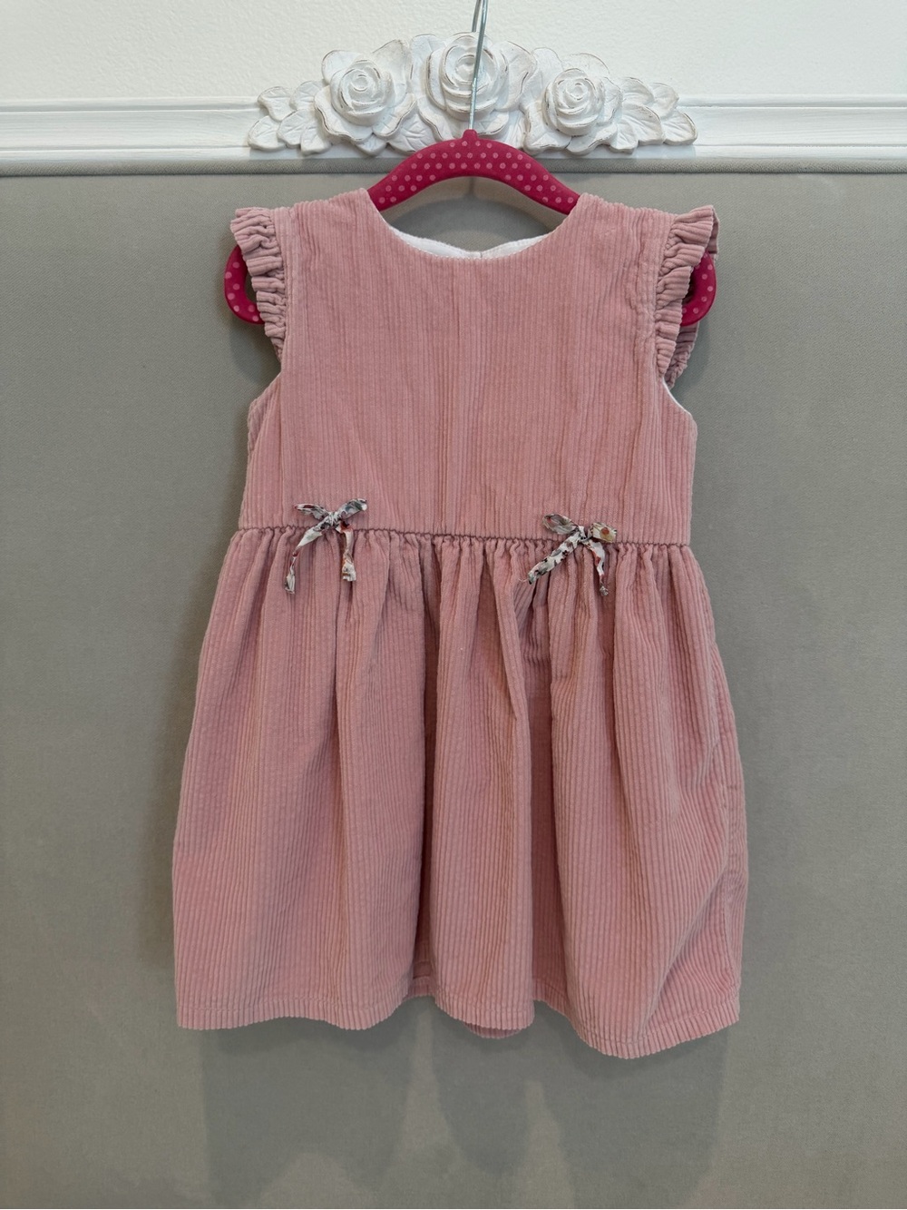 Coccoli Girls Dusty Pink Corduroy Dress with Floral Ties